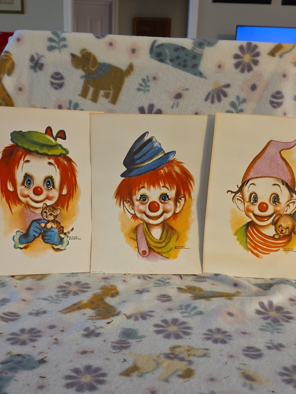 3 vintage mid-century "Big Eye" child clown art prints by Dianne Dengel